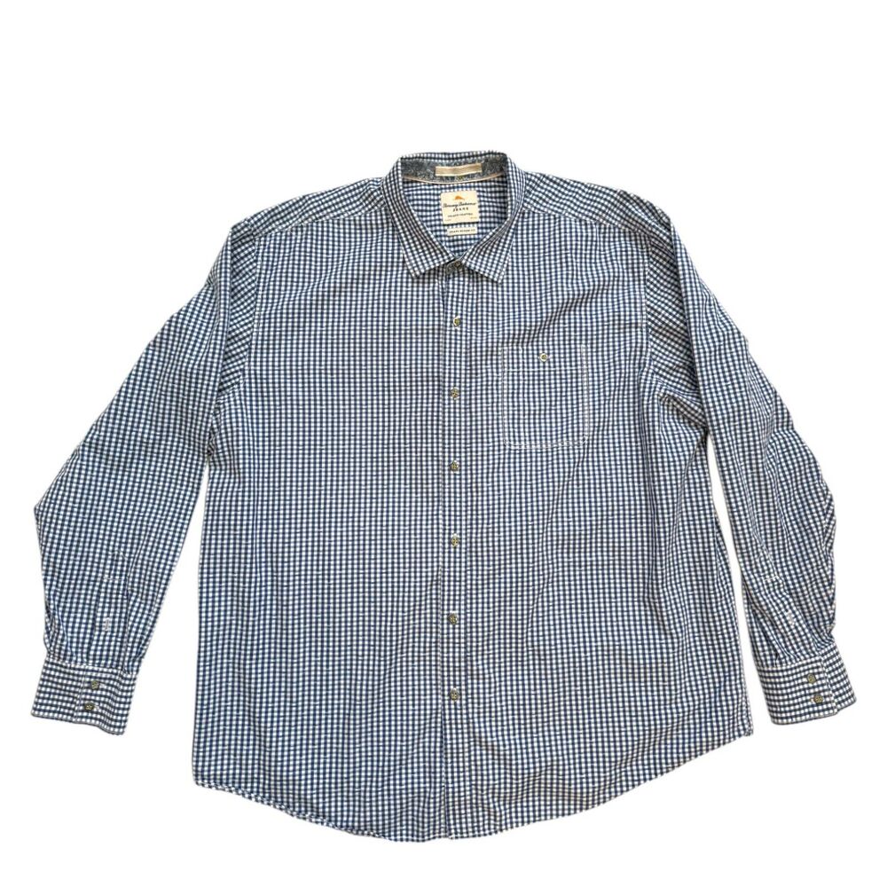 EUC Mens Tommy Bahama Island Modern Fit Navy Check‎ 100% Cotton L/S Shirt | XL